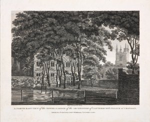 Eine Nordostansicht des Turms und der Lodge des Palastes des Erzbischofs von Canterbury in Croydon, 1808 von Pouncy